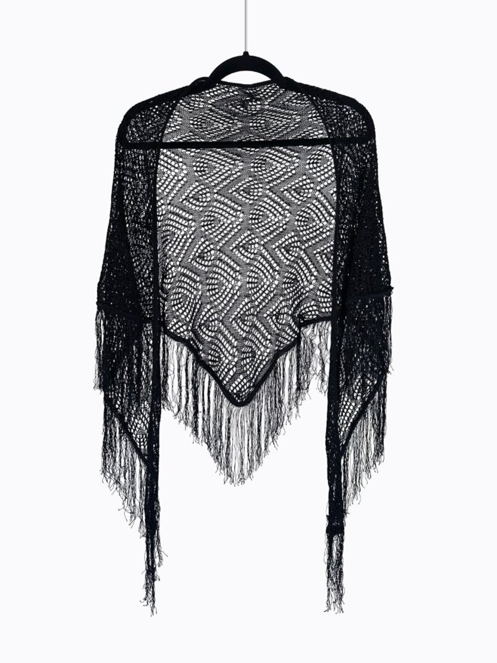 Vtg Black Crochet Fringe Triangle Shawl Wrap Scarf Whimsigoth Boho 90s Rayon Y2K